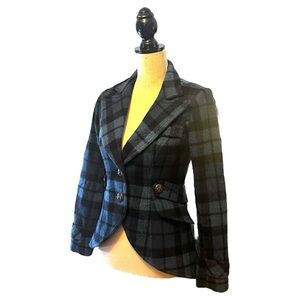 Smythe Buffalo Plaid Wool Blazer Jacket with Tail in Blue & Black